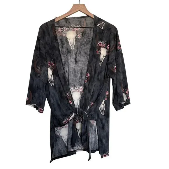 Floral Longhorn Skull Print Kimono Cardigan Boho Western Core M Coastal Cowgirl - Picture 5 of 10